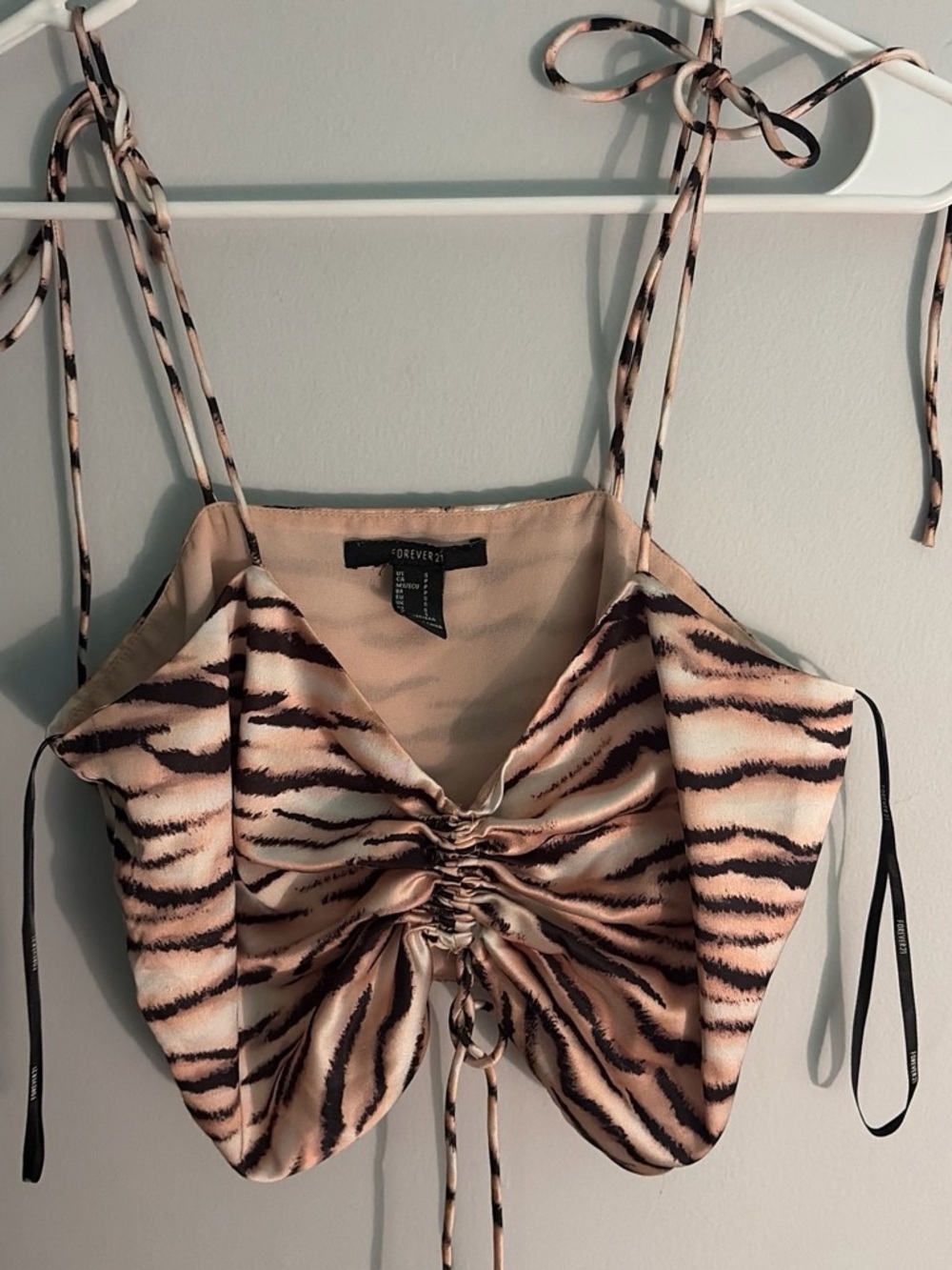 Forever 21 Beige and Black Tiger-Print Tie-Shoulder Ruched Crop Top